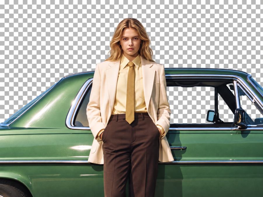 Woman and vintage green car with transparent background